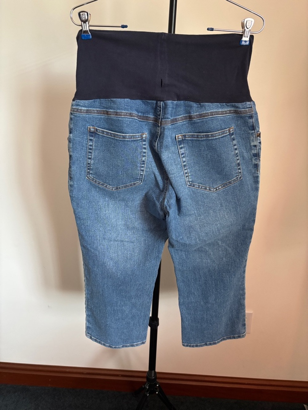 Blue Cropped Maternity Jeans with Navy Support Panel - Picture 3 of 5